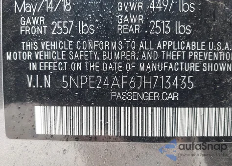 2018 Hyundai Sonata Se z USA, uszkodzony, nr VIN 5NPE24AF6JH713435